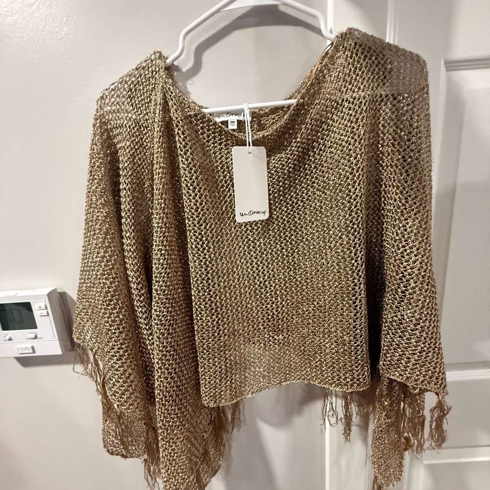 Metallic Gold Open Knit Fringe Poncho Sweater